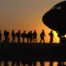 Silhouetted military personnel walking along a runway to an aeroplane at sunset