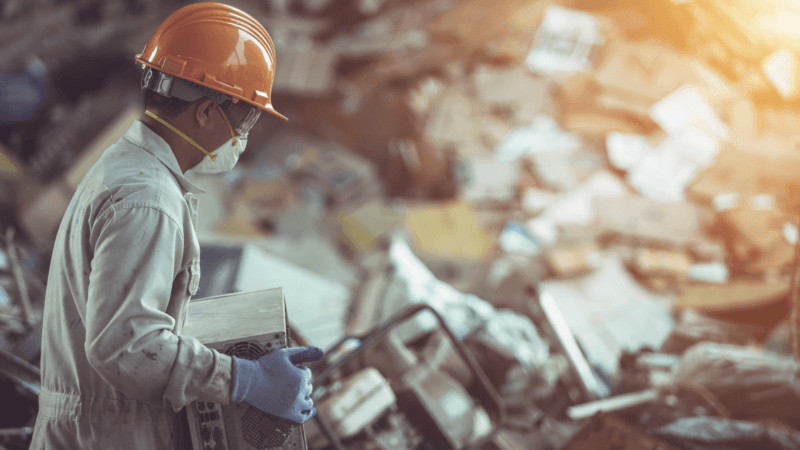 Waste operative moving WEEE recycling as it piles up during energy crisis